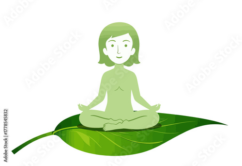 Illustration of a green person sitting in a meditative pose on a large green leaf with a simple white background, symbolizing harmony with nature and wellness.