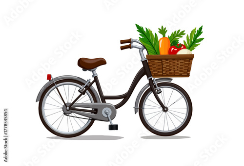 Illustration of a Bicycle with a Front Basket Filled with Fresh Vegetables Including Carrots, Pepper, and Greens on a White Background