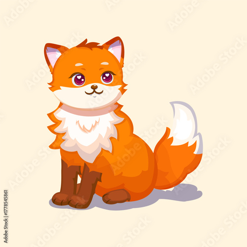Cute orange fox sitting calmly with soft and friendly look in cartoon style.
