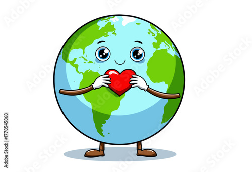 Adorable Cartoon Earth Holding a Red Heart Symbolizing Love and Environmental Awareness with a Cheerful Smile and Green Continents