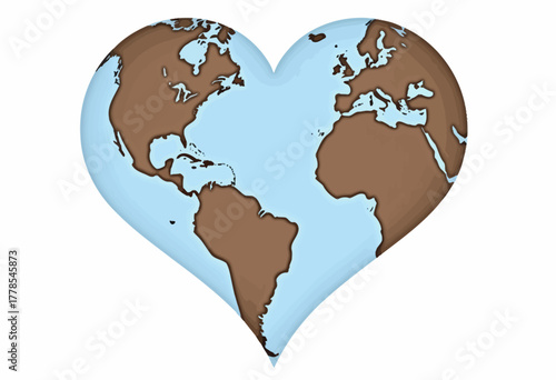 Heart-Shaped World Map Illustrating Global Connection and Environmental Awareness with Continents on a Blue Background