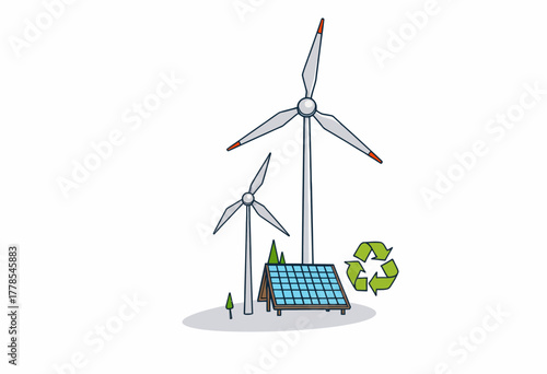 Illustration of Wind Turbines and Solar Panel Representing Sustainable Energy and Environmental Conservation Efforts with Recycling Icon