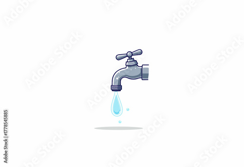 Illustration of a single faucet with a dripping droplet of water against a plain white background highlighting water conservation and sustainability concepts