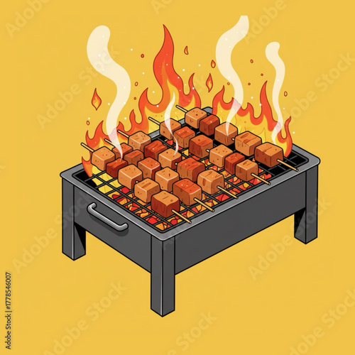 Classic square charcoal grill with a blazing fire. Large meat is grilled on the grill. Drawn in a flat cartoon style. Food for BBQ. Flat cartoon style grilled meat vector illustration.