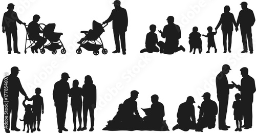 Family silhouettes, parents with children, stroller walking, family activities, parenting illustration, childcare concept, family bonding, parent child relationship