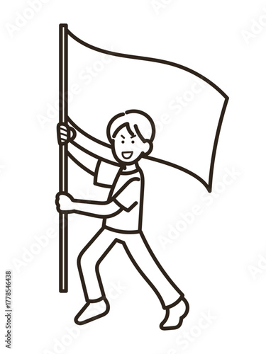 旗を振る男性医師のイラスト　線画のみ