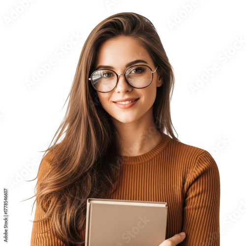 Young woman wearing glasses holding a book isolated on transparent background