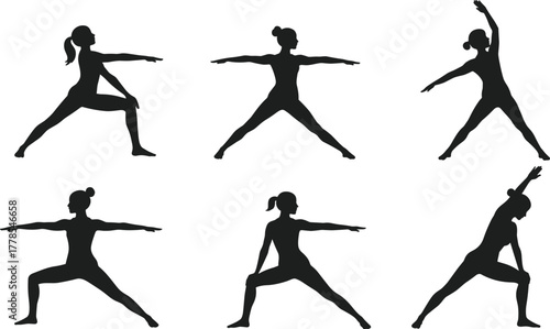 Yoga silhouette poses, fitness exercise illustration, meditation balance artwork, healthy lifestyle design, wellness activity vector, stretching posture graphic, spiritual practice art,