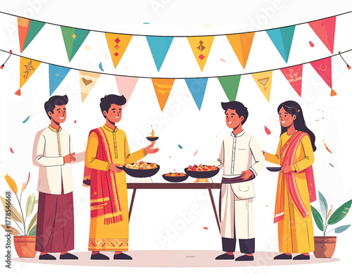 Illustration of people in traditional Indian clothing standing around a table with food under colorful festival bunting.