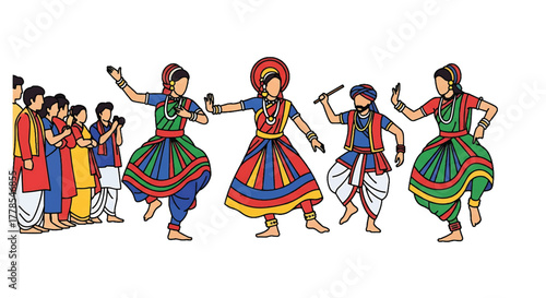 Illustration of a group of people in traditional Indian attire dancing and celebrating with colorful clothing and accessories on a white background.