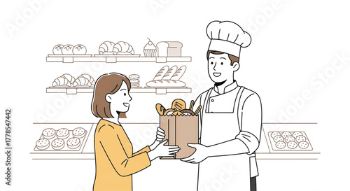 Illustration of a chef handing a paper bag to a woman in a grocery store with a minimalist line drawing style.