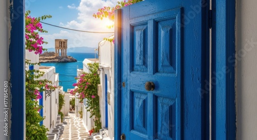 Fototapeta Naklejka Na Ścianę i Meble -  Enchanting Greek vista: An open door frames turquoise waters and historical architecture
