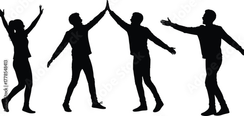 Silhouette people celebrating teamwork success, group high five gesture, business collaboration unity, friends greeting together, community support connection, positive energy partnership