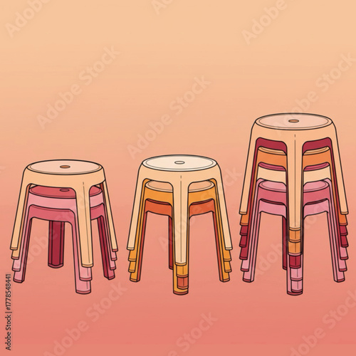 Stackable plastic chairs for outdoor events or conferences. The bright chairs can be arranged in rows or stacks in any order.