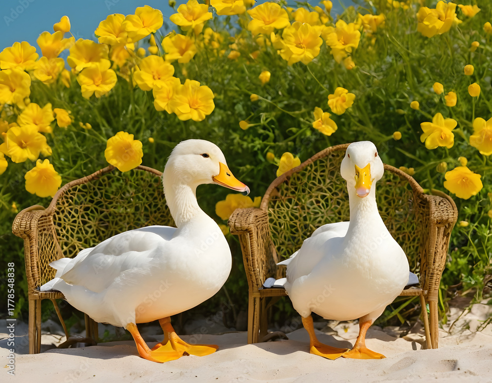 Obraz premium A pair of white ducks is sitting on chairs on the beach with yellow flowers.