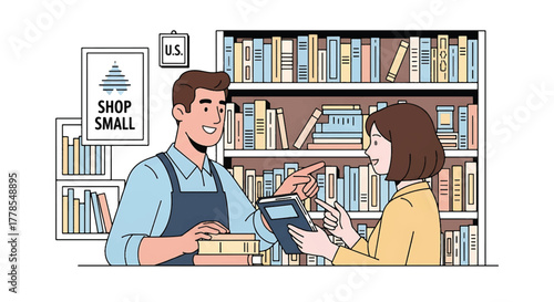 Illustration of a smiling bookstore clerk assisting a customer with a payment terminal in front of a 'Shop Small' sign and bookshelves.