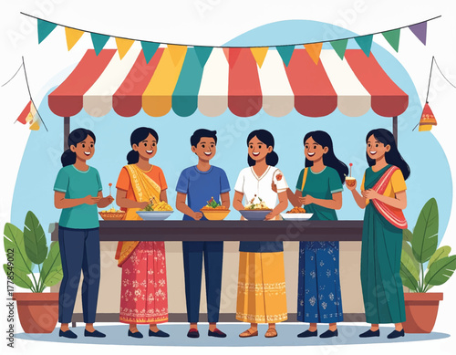 Illustration of a diverse group of people standing and socializing around a food counter under a colorful awning with a festive atmosphere.