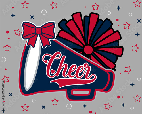 Cheerleader Pom-pom and Megaphone with the word CHEER. Patriots Cheerleading Illustration.