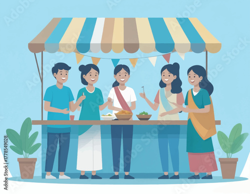 Illustration of a diverse group of people gathered around a food stall with a striped awning and colorful bunting in a lively outdoor setting.