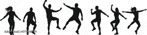 Silhouette people jumping dancing, energetic human motion, group activity illustration, dynamic body movement, expressive lifestyle concept, fitness celebration, joyful performance,