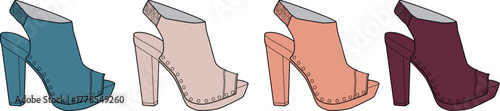 Four stylish peep-toe high-heeled sandal shoes in different colors arranged in a row