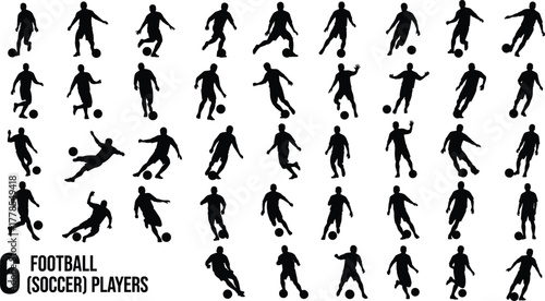 Football player silhouette set, soccer action poses vector, dribbling, kicking, passing, running motion icons, athletic movement, sports training, black graphic design