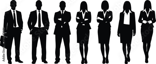 Group of Professional Business People Silhouettes, Standing in Black and White Outline, Depicting Corporate Success, Teamwork, Leadership, Diversity, Management, Finance, and Executive Staff.
