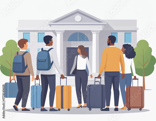 Diverse group of young adults with luggage standing in front of a building with a classic architectural style.