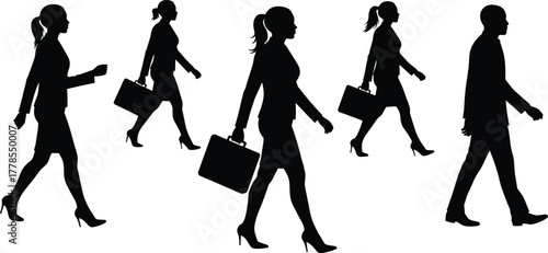 Business silhouettes walking, professional people group, corporate teamwork concept, office workers commuting, diverse business professionals, career success, leadership, partnership