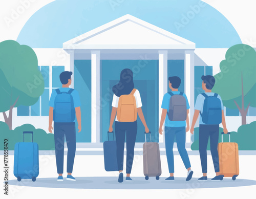 Illustration of four students with luggage walking towards a building with a white facade and blue accents.