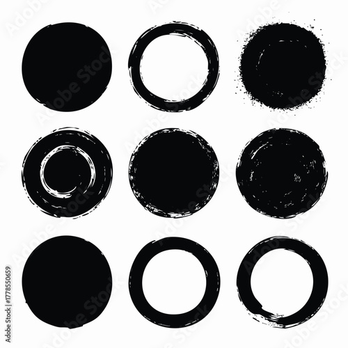 Set of black and white circles ink blots and splashes vector icons and design elements
