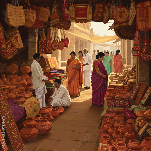 Vibrant marketplace scene with people shopping and browsing colorful clay pots and woven bags in a traditional Indian market with warm tones.