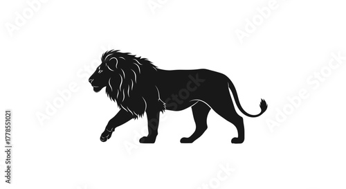 Silhouette of a majestic lion walking, showcasing its powerful build and regal mane against a plain background.