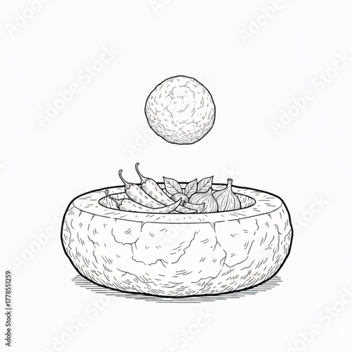 some dried red and green chilies and garlic and grind them in a stone mortar and pestle, preparing a flavorful spice mix.