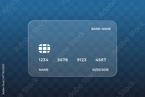Glass credit card mockup, transparent frosted bank card template with chip number and name fields for modern fintech payment UI wallets checkout branding and presentations 