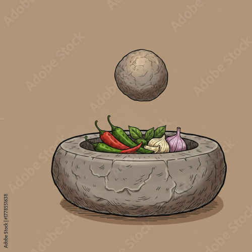 some dried red and green chilies and garlic and grind them in a stone mortar and pestle, preparing a flavorful spice mix.