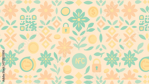 Batik Meets Fintech – Floral & QR/NFC Icons (Mint–Coral) – EPS10
