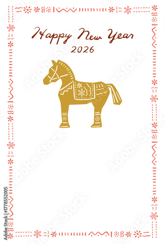 2026年賀状テンプレート　版画風馬のイラスト