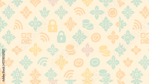 Seamless Batik Geometry with Fintech Symbols (Teal–Peach) – EPS10