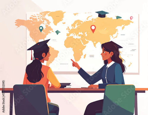 Two young women wearing graduation caps sitting at a desk discussing a world map with marked locations in an educational setting.