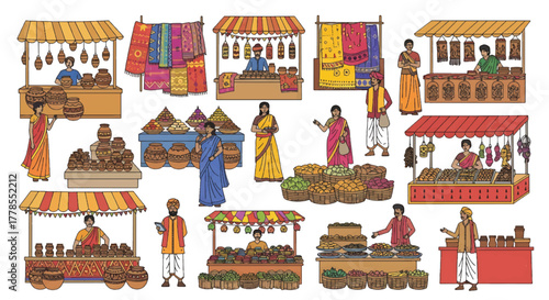 Illustration of a vibrant marketplace with various stalls and people selling colorful fabrics, food, and goods.