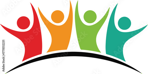 Abstract colorful human figures celebrating unity on white background