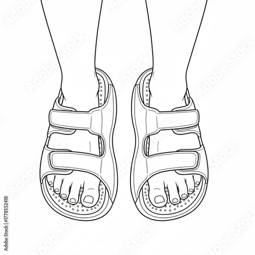 Vector illustration of a foot with sandals covering the toes. A simple illustration of two human feet with the toes and arches facing upwards.