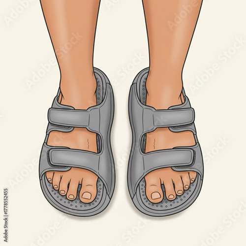 Vector illustration of a foot with sandals covering the toes. A simple illustration of two human feet with the toes and arches facing upwards.