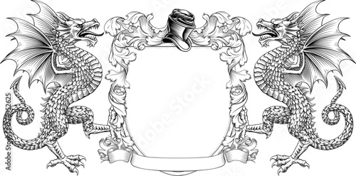 Wyvern dragons coat of arms or crest family heraldry medieval heraldic knight shield with helmet and acanthus filigree scroll ornament in a vintage woodcut style.