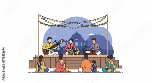 Illustration of musicians performing on a stage with audience in front of a temple at night with string lights.