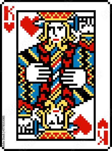 A pixel art playing cards deck design, king of hearts. An original design, each card 55 squares wide by 74 tall.
