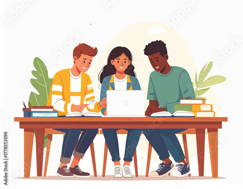 Three students studying together at a desk with a laptop and books in a casual, collaborative setting.