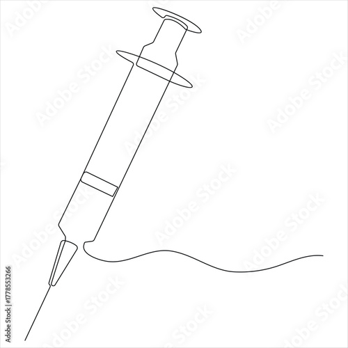 Continuous line drawing of medical syringe and vial simple illustration of vaccine and injection syringe line art vector illustration