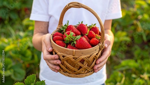 A person holding a wicker basket filled with ripe, red strawberries against a blurred green foliage background